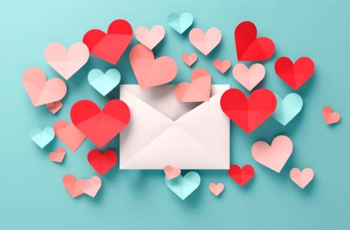 An illustration of an envelope with hearts pouring out.